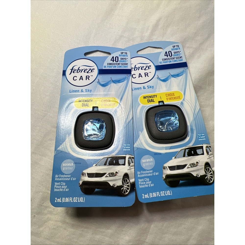 2 Febreze Car Vent Clip Air Freshener , Linen & Sky 0.06 fl oz each.